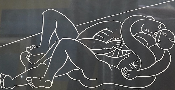 Jonathan Hines (20th. C), ‘An Embrace’, signed in pencil, limited edition 6/10, woodcut, 57 x 83cm